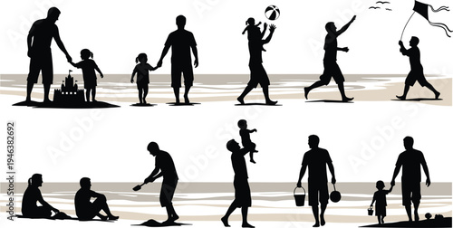 Family Beach Fun Icon Set with Parents and Children Playing, Building Sandcastles, Flying Kites, and Enjoying Outdoor Activities