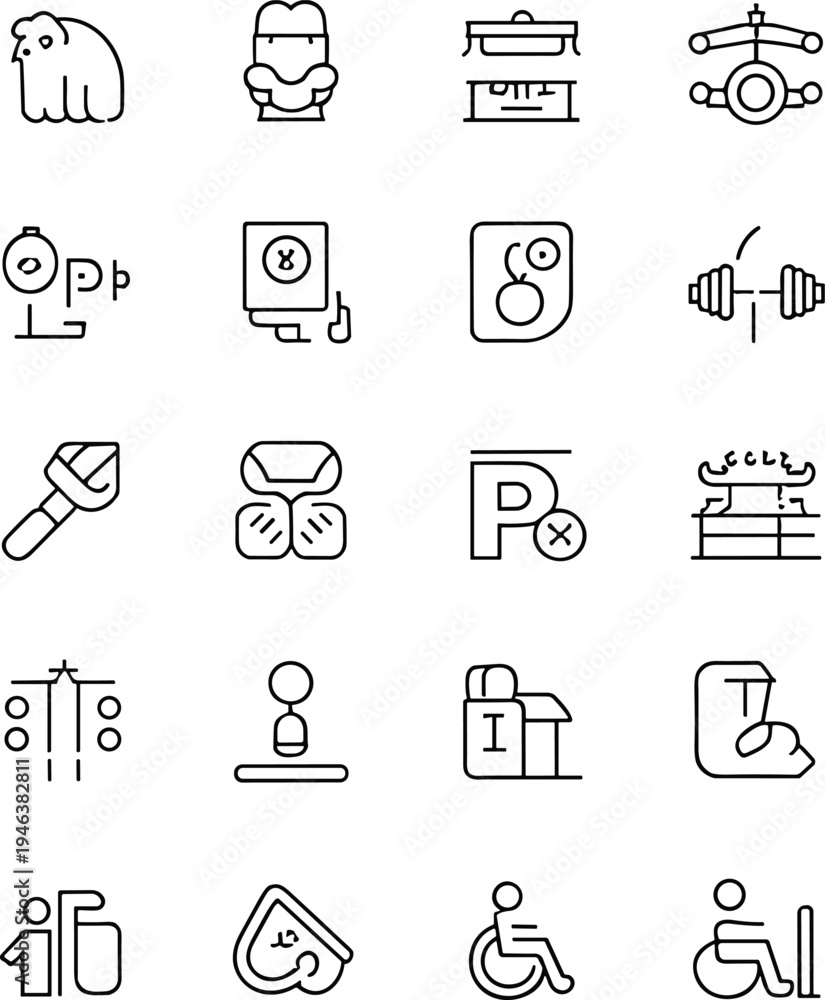 Fototapeta premium Collection of black and white representing various and activities line activities symbols tools