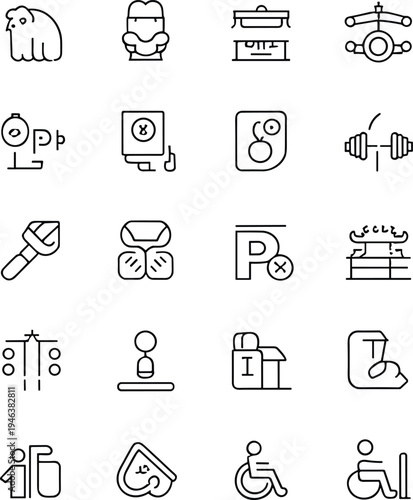 Collection of black and white representing various and activities line activities symbols tools
