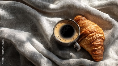 A close-up image of a freshly brewed hot espresso in a brown mug, placed next to a large croissant on a linen cloth, bathed in the morning sunlight.