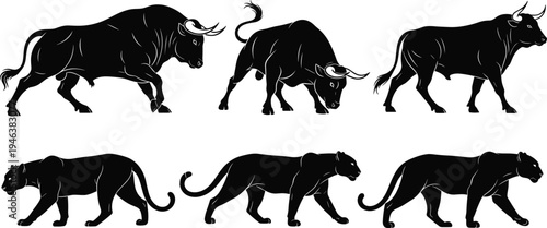 Wild animal silhouettes collection featuring powerful bull and black panther in walking and attacking poses isolated vector illustration set