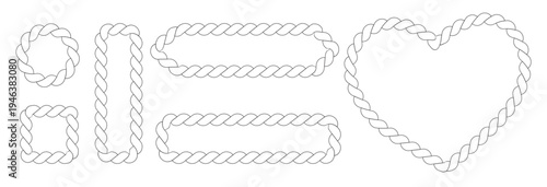 Braided Rope Frame and Border Set, Nautical Twisted Rope Decorative Shapes Vector Collection.