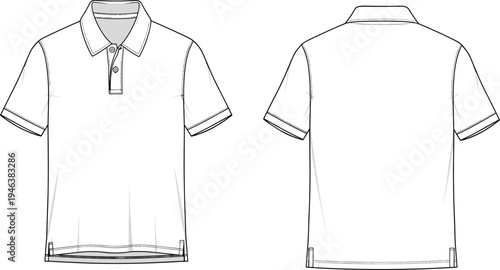 Polo Shirt Technical Fashion Sketch with Front and Back Views Short Sleeve Apparel Template Clothing Design Vector Illustration Mockup