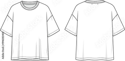 Oversized blank t shirt technical fashion template with front and back view casual streetwear apparel outline vector illustration