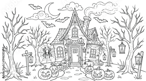 Halloween haunted house with pumpkins and bats flying overhead at night