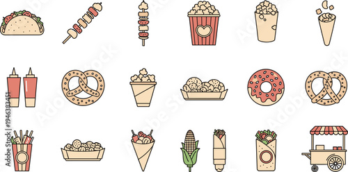 Street Food Snack Icon Set with Taco Skewers Popcorn Pretzel Donut Nachos Fries Corn Burrito and Food Cart Flat Vector Illustration