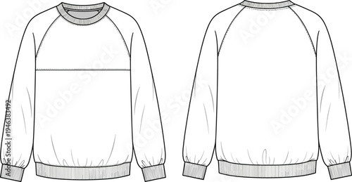 Raglan Sleeve Crewneck Sweatshirt Technical Fashion Sketch with Front and Back Views Long Sleeve Casual Apparel Template Vector Illustration