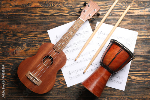 Ukulele, drum, sticks and m...