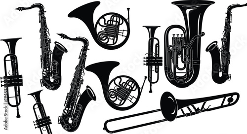 Brass and woodwind musical instruments silhouette collection including saxophone trumpet trombone tuba and french horn orchestra vector illustration