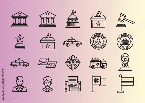 Collection of government and civic service line icons isolated set