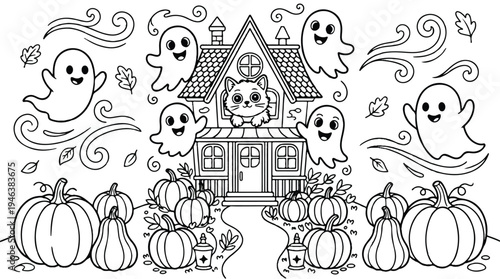 halloween scene with ghosts pumpkins and house