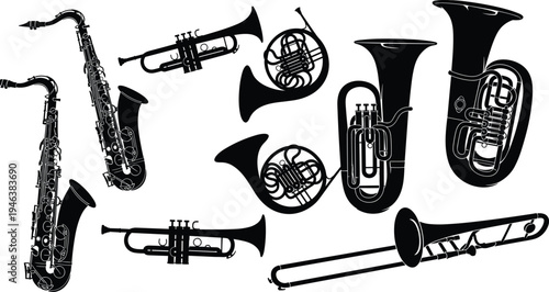 Brass and woodwind musical instruments silhouettes collection including saxophone trumpet trombone tuba and french horn vector illustration set
