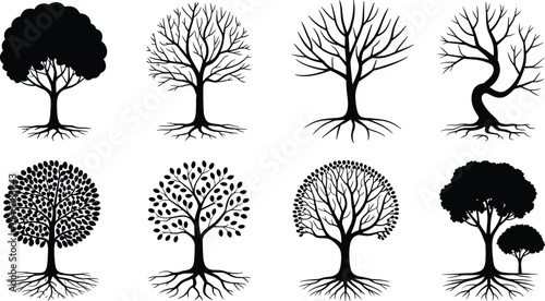 Eight black and white tree with different shapes and leaf patterns trees silhouette