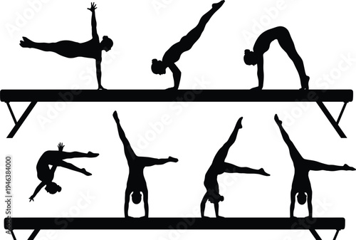 Gymnastics balance beam silhouette collection with female gymnast performing handstand, flip, split and acrobatic poses isolated black vector illustration set
