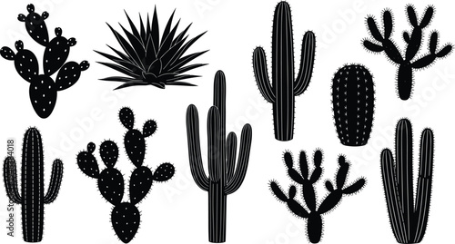 Collection of desert cactus silhouettes including saguaro, prickly pear and agave plants in black vector style isolated on background for desert nature and botanical design