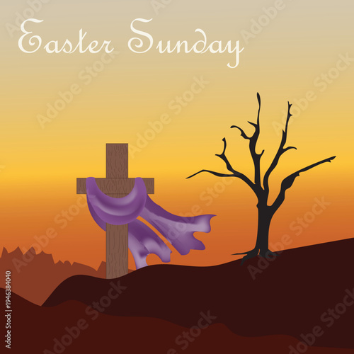 Easter Sunday vector illustration with cross and tree