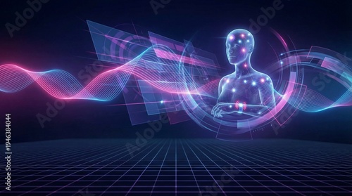 Futuristic digital human hologram with glowing data waves, artificial intelligence and metaverse concept.