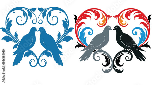 kissing birds in heart shaped floral patterns on white background