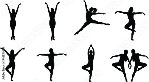 Female dancer silhouette collection performing ballet and contemporary dance poses isolated black vector illustration set for performance, fitness and artistic movement