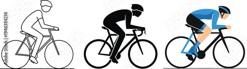 Cyclist riding road bicycle illustration set showing outline, silhouette and colored rider in racing position isolated vector for sports and cycling