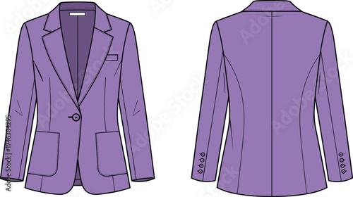 Purple women blazer jacket front and back view fashion vector illustration isolated formal clothing template for tailoring design