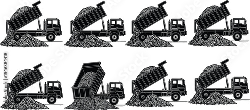 Dump truck unloading gravel and construction material silhouettes showing different tipping stages isolated vector illustration for industrial transport and building work