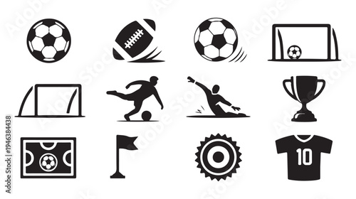 Compilation of solid sports icons featuring soccer football goalpost player trophy stadium and ball