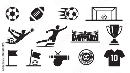 Soccer and football sport icon set flat vector illustration collection with american football ball