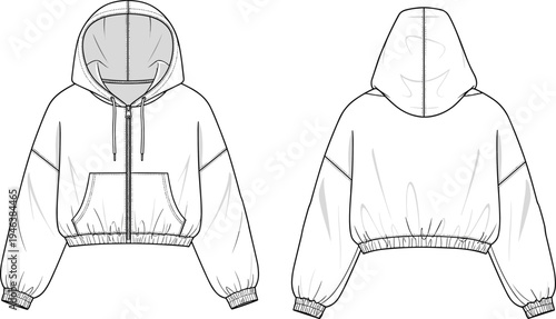 Cropped Zip Up Hoodie Technical Fashion Sketch with Front and Back Views Long Sleeve Streetwear Apparel Template Vector Illustration