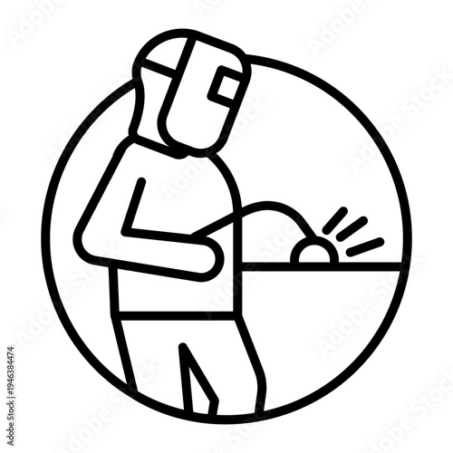 A linear icon showing a welding helmet
