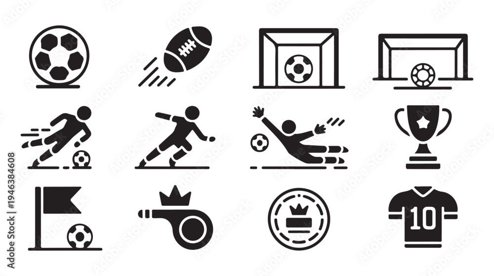 Αυτοκόλλητο Minimalist soccer football icon set featuring player silhouettes goal net trophi