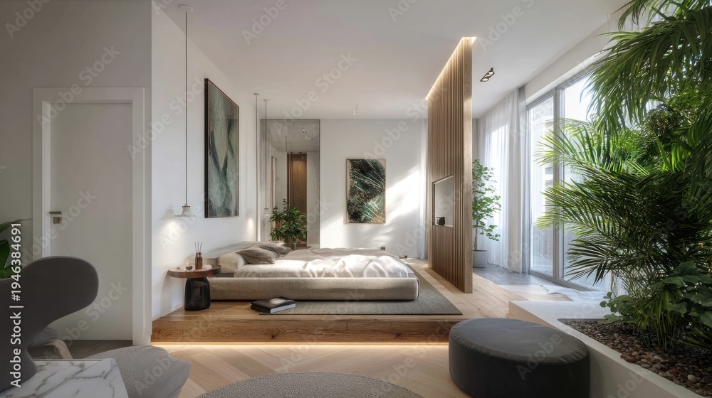 Fototapeta premium Modern minimalist bedroom with natural light, greenery, wooden accents, and cozy furniture in a serene atmosphere