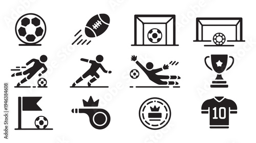 Minimalist soccer football icon set featuring player silhouettes goal net trophies and referee equipment