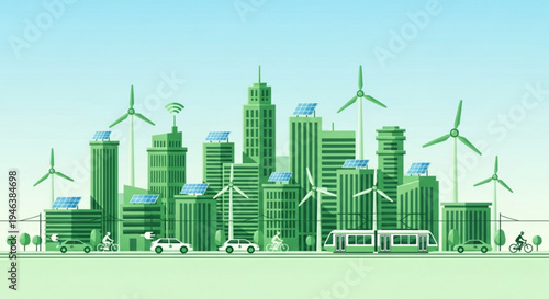 Eco friendly cityscape with green buildings wind turbines and solar panels under a clear blue sky with sustainable transportation