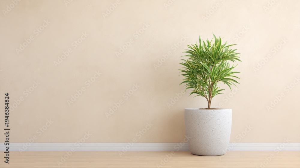 Fototapeta premium Lush Green Potted Plant in Minimalist Interior Setting with Soft Neutral Wall and Wooden Flooring for Contemporary Decor