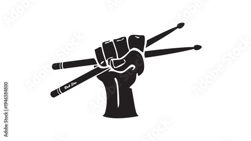 Fist holding drumsticks with 'Rock Star' text, symbolizing musical power and rebellion. featuring music, drummer, rhythm with beat and percussion