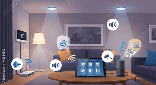 Smart home technology and automation system on tablet in modern living room with voice control and wireless connectivity