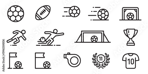 Soccer line icons set featuring football equipment goal posts trophy cup player whistle and sports jersey