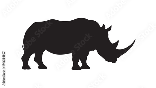 Rhino silhouette with a single horn, standing profile view with its head down, representing African wildlife