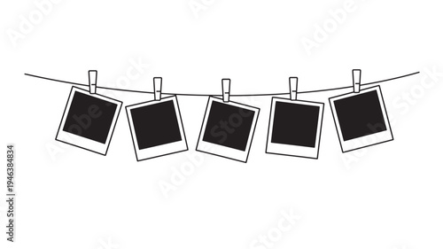 Five vintage instant film photos clipped to a line with clothespins, isolated on white background for graphic design