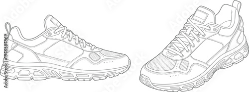 Athletic sneakers technical line drawing illustration featuring side profile and front view design details stitching panels sole tread flat vector illustrationAthletic sneakers technical 