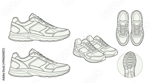 Athletic shoes multi-angle technical line drawing illustration featuring side top perspective sole view design details flat vector illustration