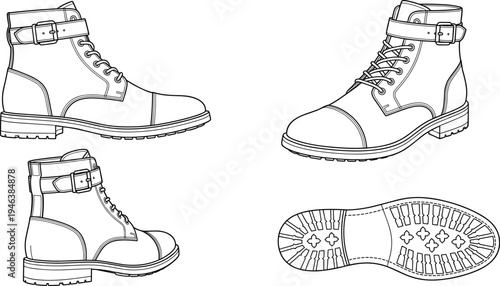 Boot technical line drawing illustration featuring lace-up design, buckle strap ankle support, reinforced toe cap, rugged sole tread flat vector illustration