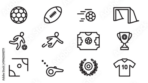 Football thin line icons collection showing soccer ball athlete stadium field referee whistle and award