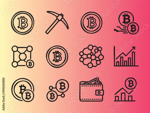 Flat cryptocurrency and blockchain technology icons set isolated