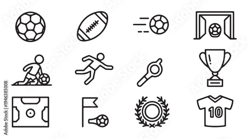 Soccer and american football icons set with balls players goal trophy and jersey