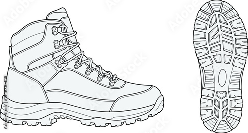 Hiking boot technical line drawing illustration featuring rugged sole tread, reinforced stitching, lace-up design, outdoor footwear flat vector illustration