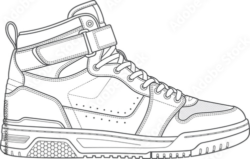 High-top sneaker technical line drawing illustration featuring strap buckle design, stitched panels, perforated toe box, honeycomb sole flat vector illustration