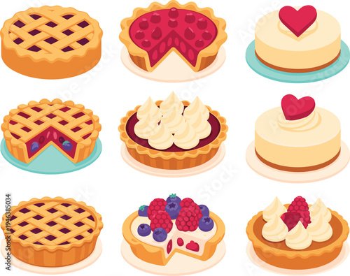 Dessert illustration set, pies cheesecakes, lattice topping, berry filling, whipped cream swirls, tart design, sweet pastry art, culinary concept graphic
