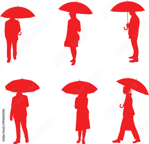 Umbrella silhouettes illustration, people holding umbrellas, rainy day posture, minimalistic design, human figure art, weather concept, fashion accessory graphic